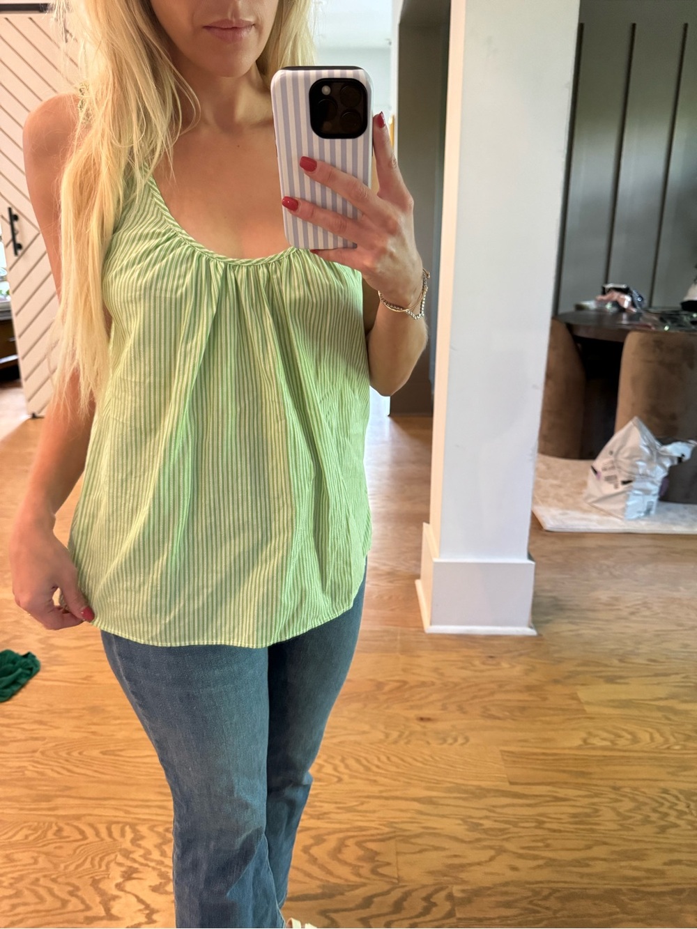 Zara Light Green Striped Sleeveless Tank Top